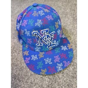 City Hunter NY Hat Size 7 1/4 Rhinestone All Over Print Fitted Hat Blue Cap